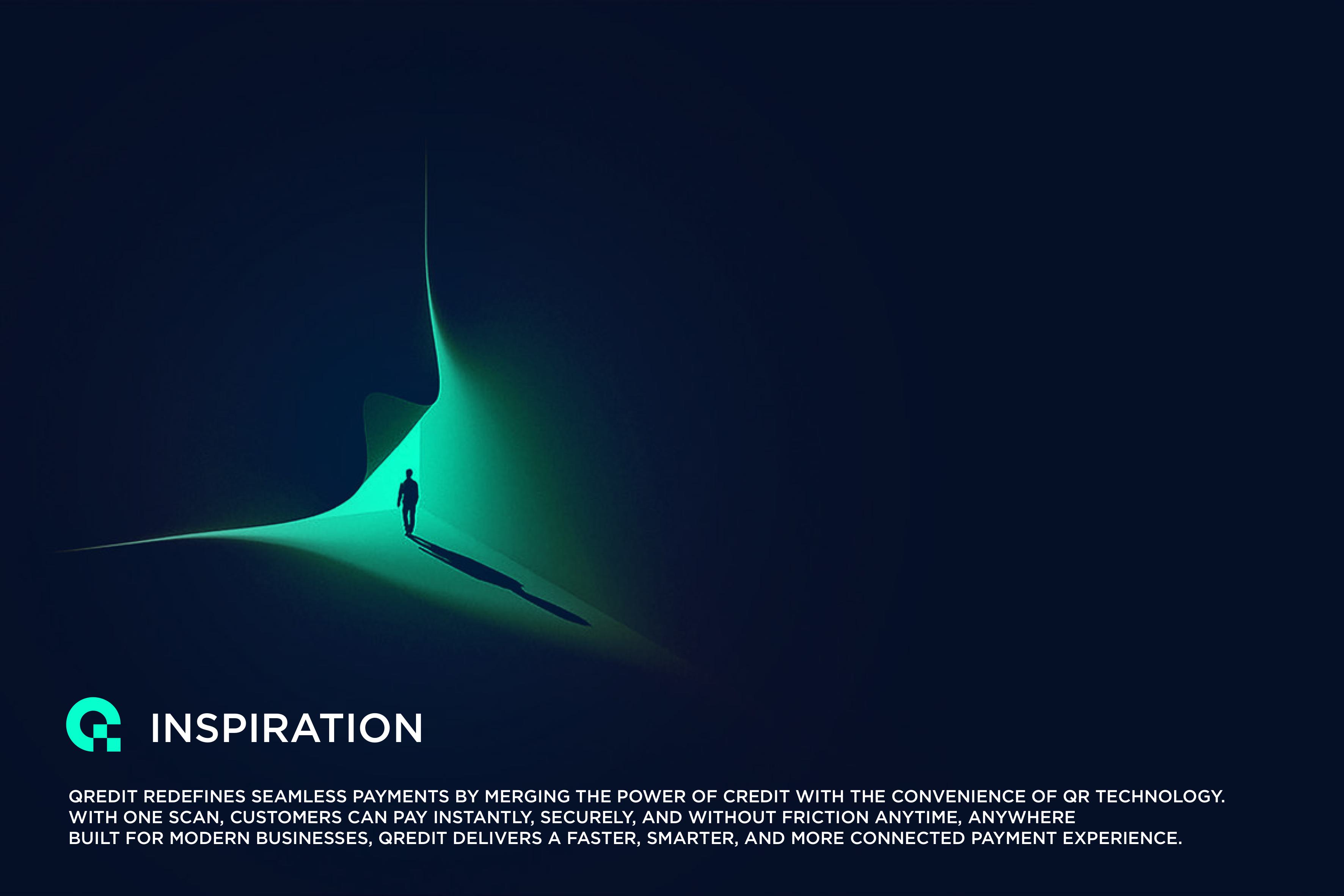 Qredit inspiration - person walking through futuristic glowing payment gateway representing seamless transaction experience
